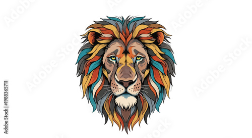 Colorful lion head vector illustration, majestic wild cat portrait with vibrant mane, artistic animal mascot design for branding and apparel
