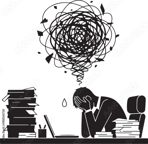 Man sitting at desk overwhelmed by paperwork and stressed