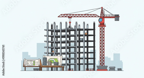 Modern Building Construction Site with Crane and Steel Frame.