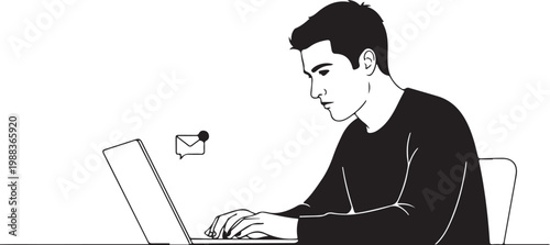 Man sitting at desk working on laptop with email notification