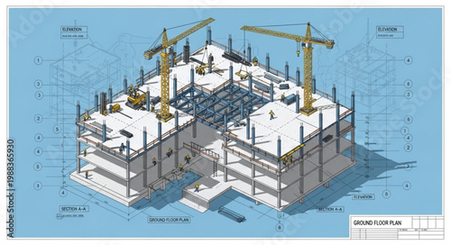 Modern Building Construction Site with Cranes and Blueprints.