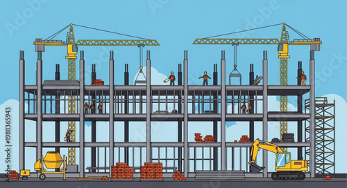 Modern Building Construction Site with Cranes and Equipment.
