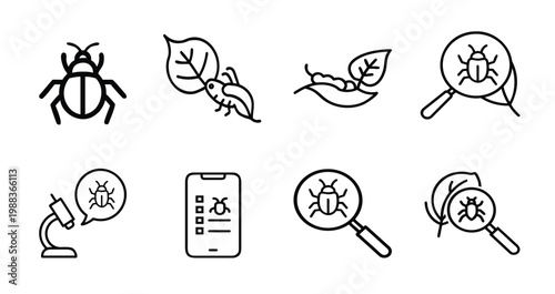 Pest control bug inspection magnifying glass leaf caterpillar microscope analysis and mobile monitoring app & more vector illustration with editable stroke.