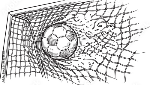 A soccer ball blasts through a net after scoring a goal in a sketch.