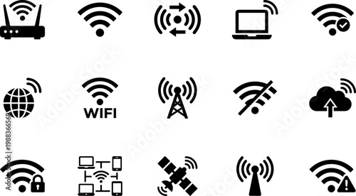 wifi wireless signal icons set, internet network connection symbols including router antenna broadcast tower satellite and cloud technology vector isolated on transparent background