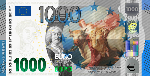 Fotografía Vector gray blue fictional banknote of European Union, face value of 1000 euros
