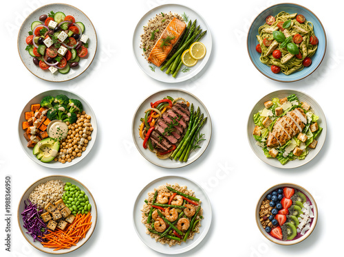 Nine different types of healthy and delicious meals including salads fish steak chicken pasta and grain bowls arranged on a plain background