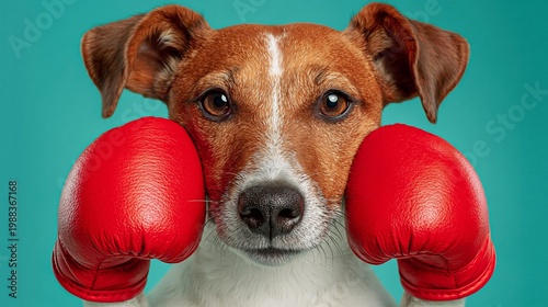 Joyful Jack Russell Terrier wears bright red boxing gloves. Its eyes sparkle with playful determination. The dog grips the gloves with a determined stance. Its ears perk up, ready for action