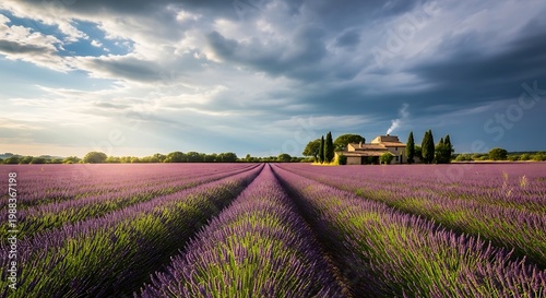 A vast lavender field in Provence in full bloom, with a small farmhouse in the distance under a dramatic cloudy sky, hyperrealistic, 4k.