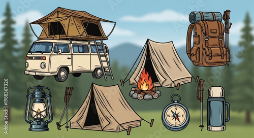 Camping gear and equipment illustration with van tent and backpack.