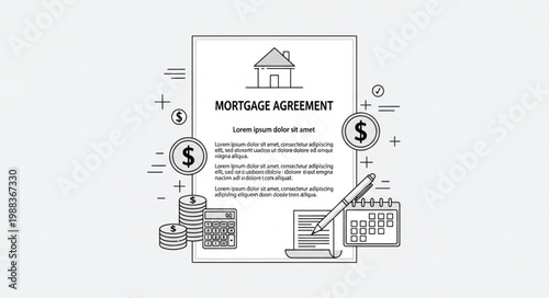 Mortgage Agreement Document with Financial Symbols and Calculator.