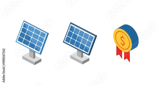 Solar energy investment depicted with coin and ribbons, generating sustainable revenue