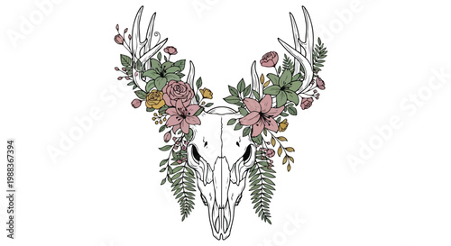 Bohemian deer skull vector with floral antlers, rustic animal cranium with pink roses and green ferns, vintage botanical hunting trophy illustration