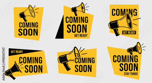 Illustration of graphic design elements with megaphone and text announcing 'Coming Soon' designs