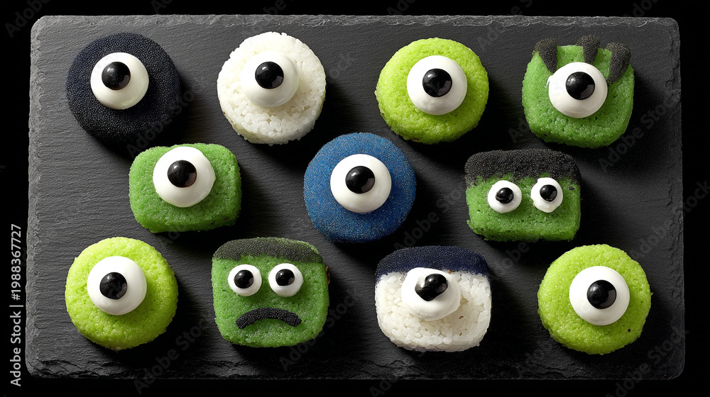 Fototapeta premium A collection of round and square monster-shaped cookies are arranged on a dark surface.