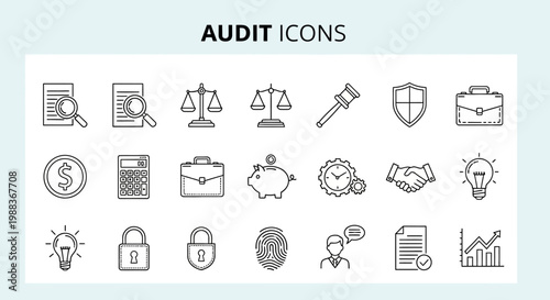 Set of Outline Icons for Audit, Business, Finance, and Security Purposes no special characters