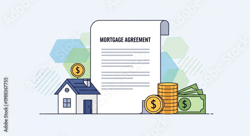 Mortgage Agreement Document with House and Money.