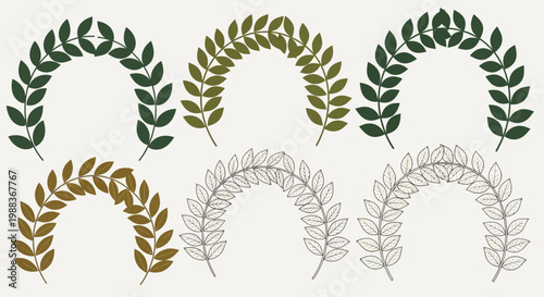 Various leaf designs arranged in a semicircle shape on a neutral background illustration