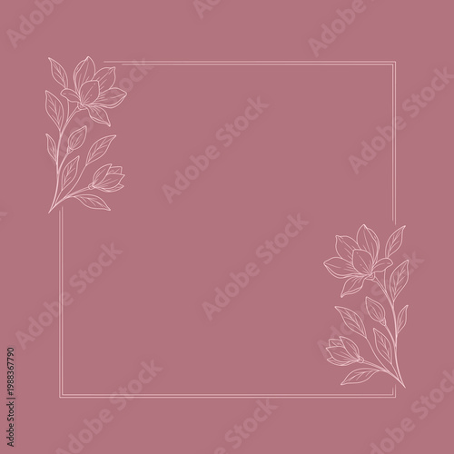 Elegancka kwadratowa ramka z magnolią w stylu line art na różowym tle. Kontury kwiatów i liści. Grafika idealna do zaproszeń ślubnych, kart okolicznościowych, social media i projektów graficznych.