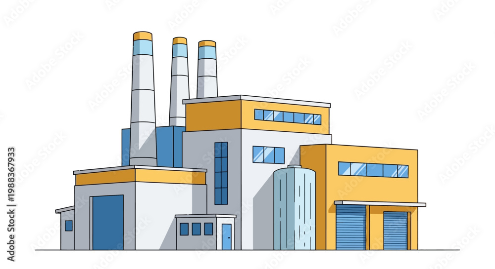 Naklejka premium Illustrated factory graphic with smokestacks representing industrial production and manufacturing