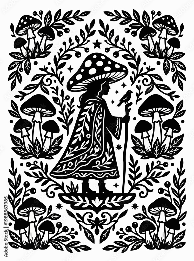 Fototapeta premium Mushroom Girl with Bird Staff and Botanical Mushroom Border