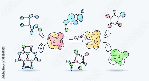 Illustrated chemical reaction diagram showing molecules, reactions, and molecular structures.
