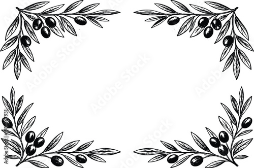 Vintage olive branch border, hand drawn botanical frame vector, rustic mediterranean olive tree wreath corners