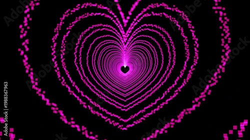 A stunning 4K abstract animation of a heart-shaped particle tunnel. Features glowing colorful particles moving through deep space, perfect for romantic themes, weddings, Valentines Day, or futuristic 