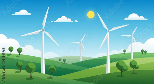 Illustration depicting green energy with wind turbines generating clean, sustainable power
