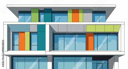 Modern architectural illustration of a vibrant building facade with colorful design elements