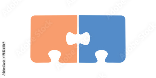 Two connecting puzzle pieces in orange and blue flat vector design representing partnership and problem solving