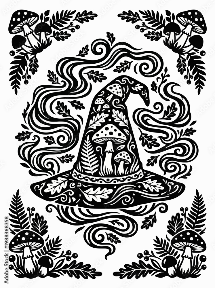 Fototapeta premium Forest Wizard Hat with Fly Agaric Mushroom Designs and Magic Mist