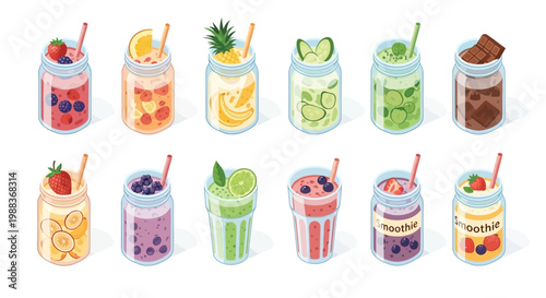 Isometric illustrations of various refreshing smoothies with diverse fruit and chocolate elements