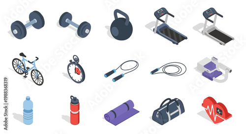 Isometric view of various fitness equipment for health, wellness, and exercise activities.