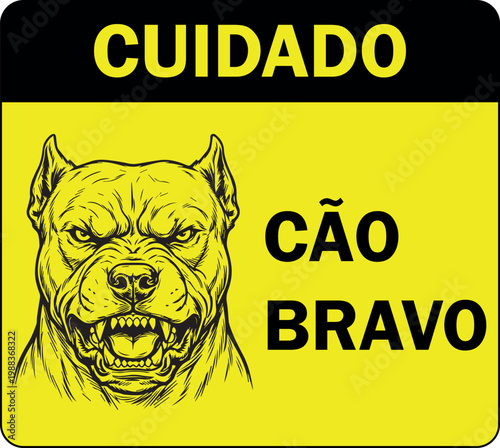 Placa Aviso Cão Bravo Pitbull Amarelo e Preto Horizontal