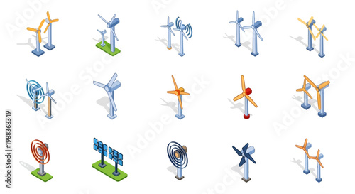 Isometric wind turbine collection illustrating sustainable energy generation and ecological