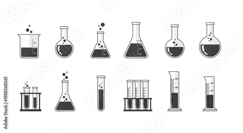 Minimalist monochrome illustrations of various scientific lab equipment for experiments