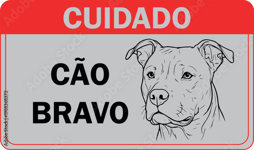 Placa Aviso Cão Bravo Cinza e Vermelho com Ícones Pretos Horizontal