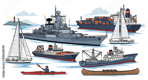 Collection of Various Boats and Watercraft on the Water.