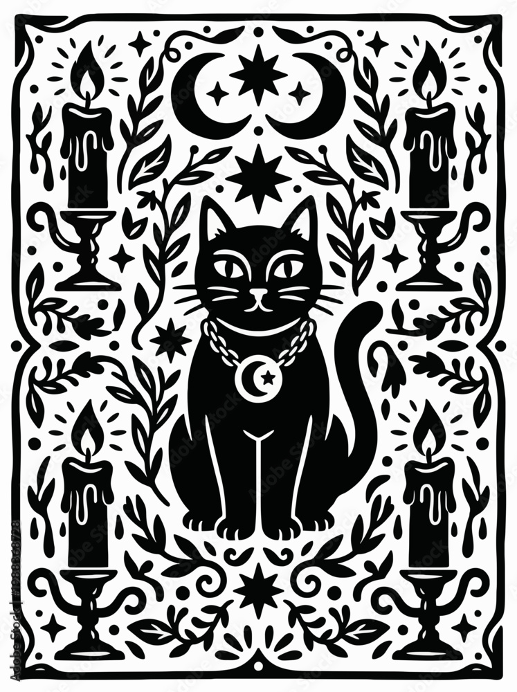 Fototapeta premium Witchy Black Cat with Crescent Moon and Symmetrical Candles