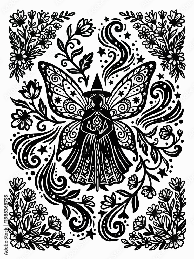 Fototapeta premium Ornate Fairy Witch Silhouette with Large Patterned Wings