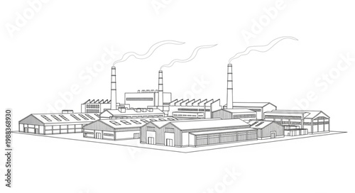 Industrial Factory Building with Smoke Stacks.