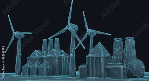 Digital rendering of wind turbines and industrial factory structures.