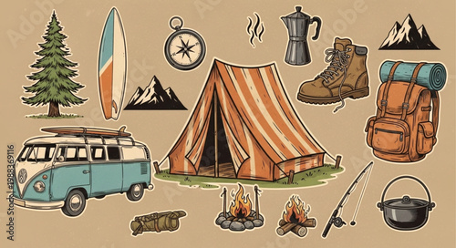 Camping and outdoor adventure gear collection illustration.