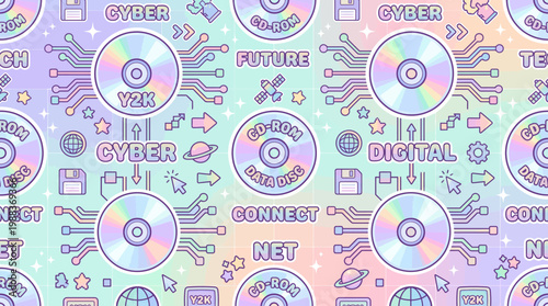 Pastel y2k aesthetic pattern showcasing cyber tech diskette and internet elements. Suitable for digital backgrounds, techthemed designs, and retro aesthetics.