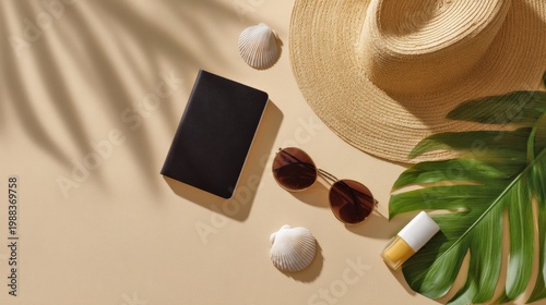 Stylish summer essentials arranged on a neutral backdrop. A sun hat and sunglasses paired with skincare items create a chic vibe. Perfect for travel inspiration and lifestyle content. AI