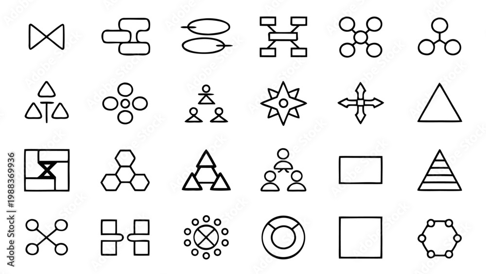 Fototapeta premium Twenty-four white line icons for organizational charts and management flow diagrams are presented in a grid pattern on a black background.