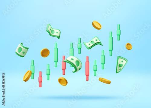Floating 3D banknotes and coins with stock market candlestick chart. Financial trading concept. Economic growth and investment profit symbols for business data visualization. Vector illustration