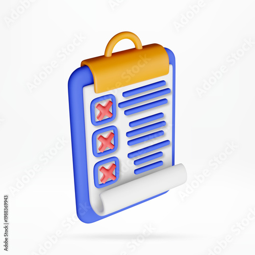 3D Clipboard with a checklist and red cross marks. 3D rendered document with a rejected task status. Business process, survey document for office management software and database. Vector illustration