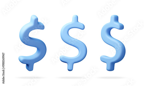Three blue dollar signs as 3d vector illustration. Business and financial symbol for accounting or currency exchange. Economic concept with simple sign isolated on white. Vector illustration